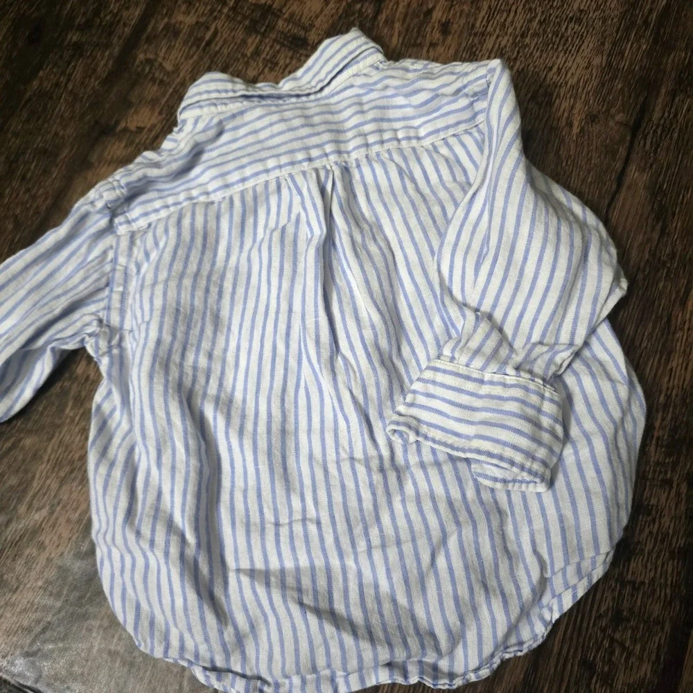 RALPH LAUREN Button Down Shirt Kids Size 80 Blue White EXCELLENT Striped‎ Linen